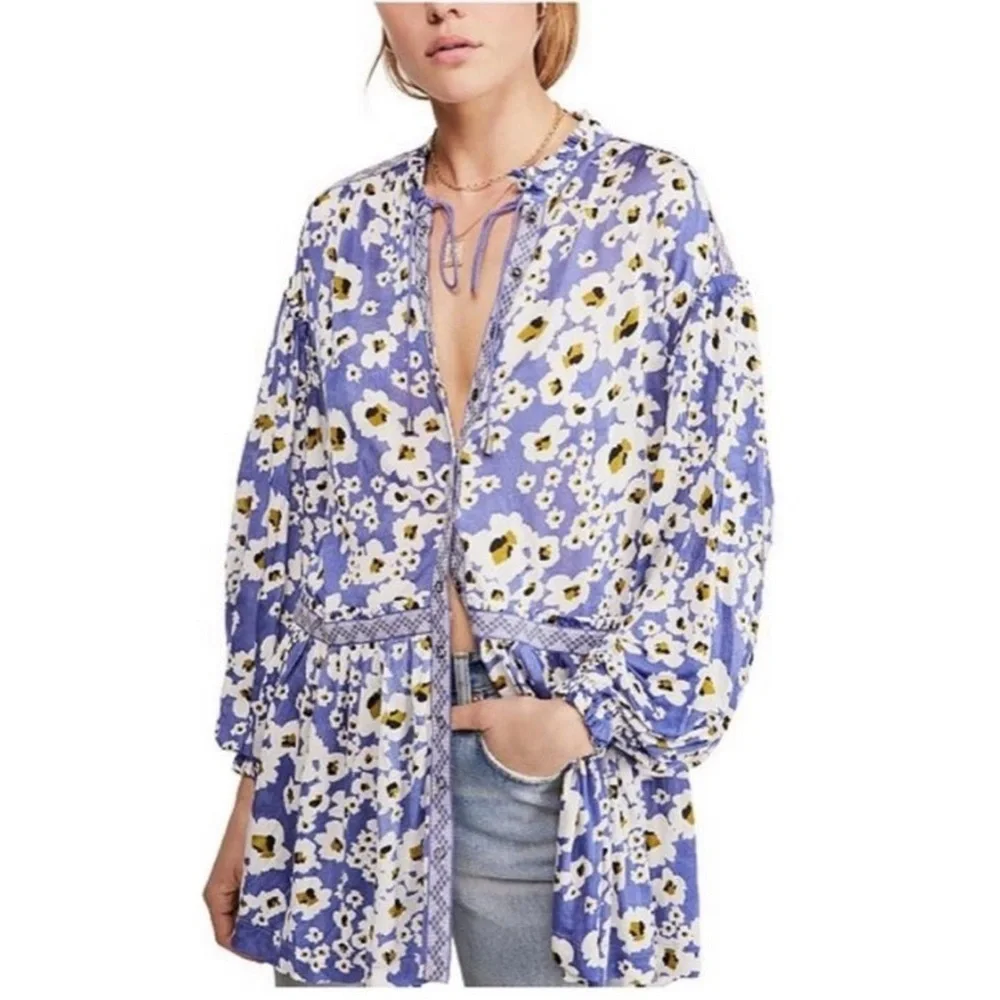 Free People Love Letter Tunic Rain Combo Blue White Floral Daisy Sheer Boho